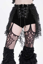 Short gothique en maille pour femmes avec lacets et volants noirs